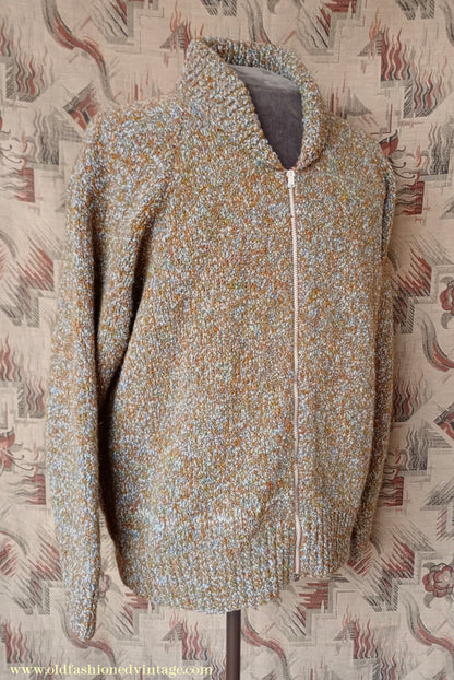 Vintage Mens 1950s Hand Knitted Lumberjacket Zip Up Cardigan Sweater Brown Green Marl UK XL