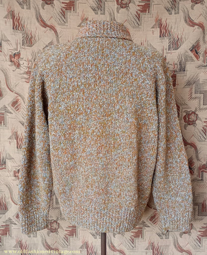 Vintage Mens 1950s Hand Knitted Lumberjacket Zip Up Cardigan Sweater Brown Green Marl UK XL