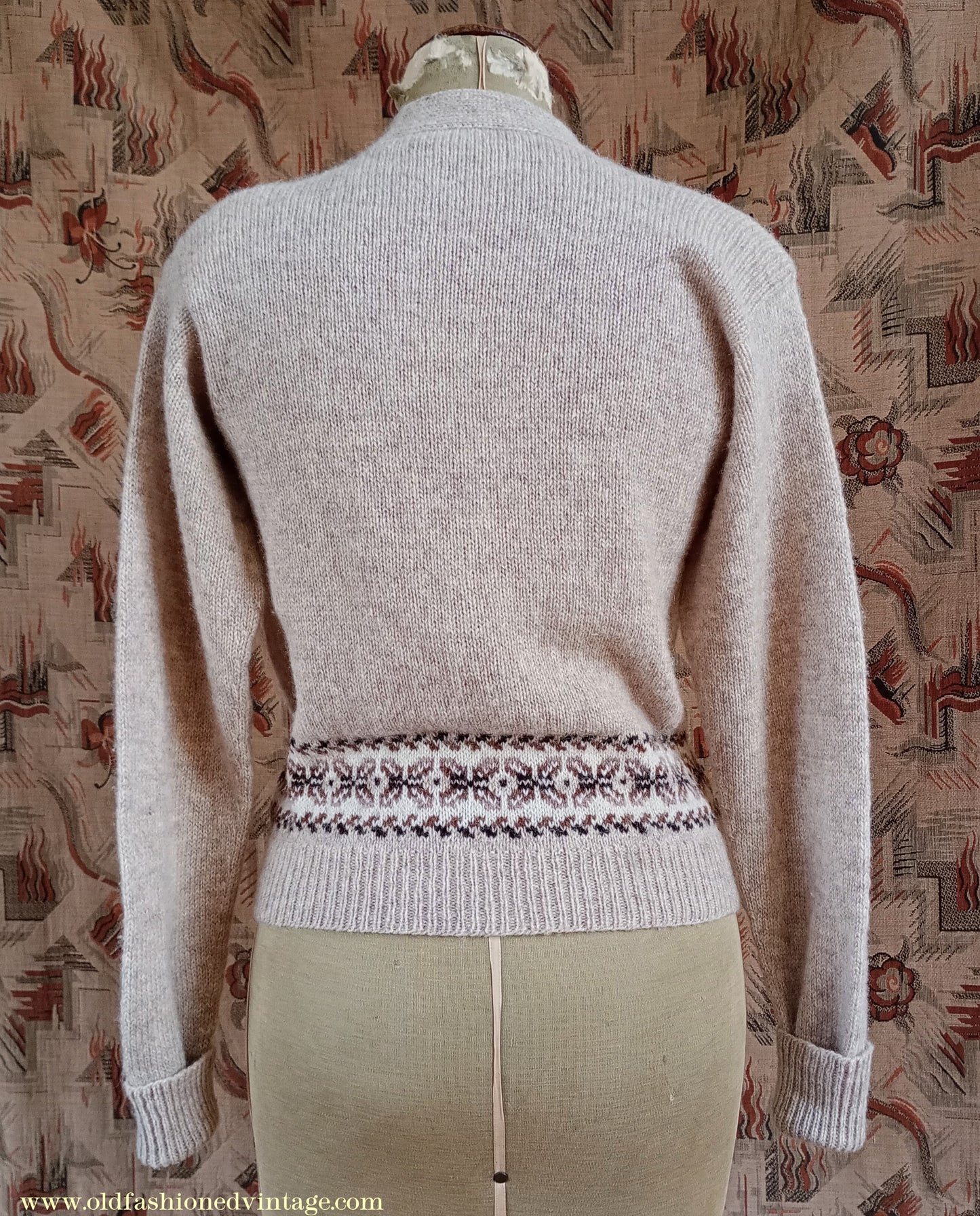 Vintage 1950s Cardigan Beige Oatmeal Brown Fair Isle Shetland Wool UK M