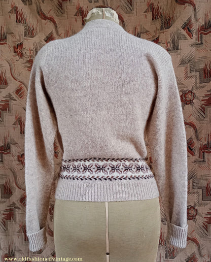 Vintage 1950s Cardigan Beige Oatmeal Brown Fair Isle Shetland Wool UK M