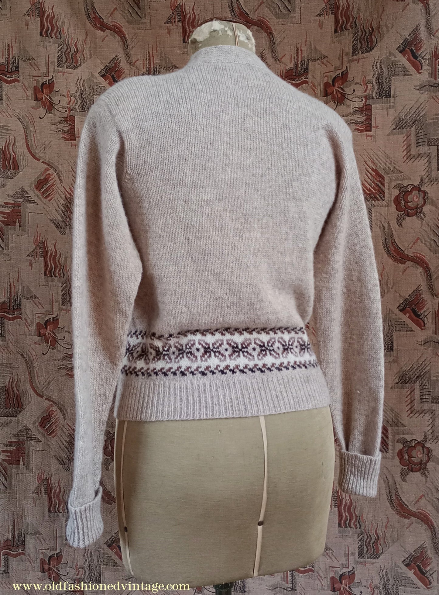 Vintage 1950s Cardigan Beige Oatmeal Brown Fair Isle Shetland Wool UK M