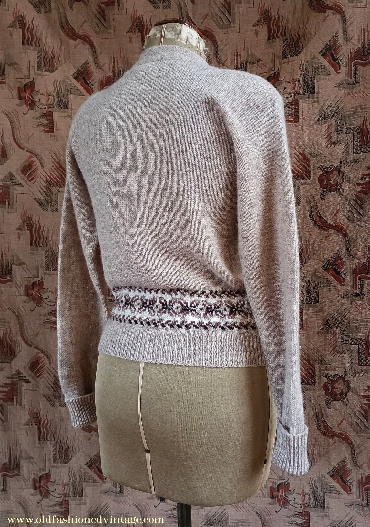 Vintage 1950s Cardigan Beige Oatmeal Brown Fair Isle Shetland Wool UK M