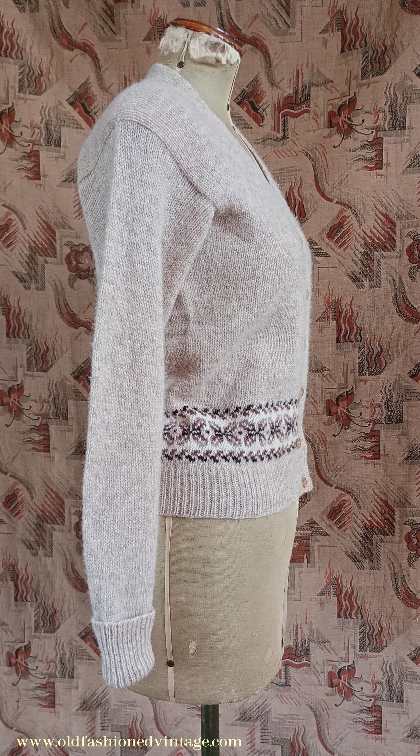 Vintage 1950s Cardigan Beige Oatmeal Brown Fair Isle Shetland Wool UK M