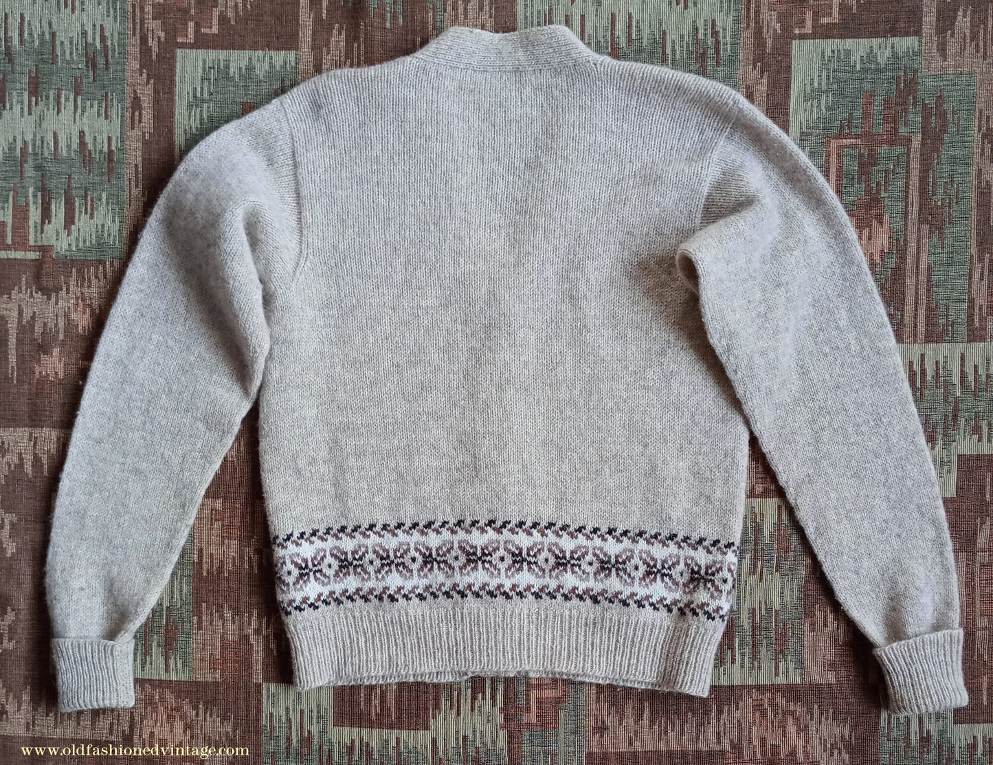 Vintage 1950s Cardigan Beige Oatmeal Brown Fair Isle Shetland Wool UK M