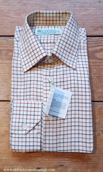 Vintage Mens 1980s Clydella Shirt Cream Brown Tattersall Check Country Sports Unworn 15 1/2"