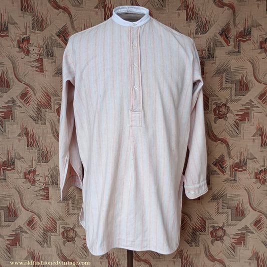 Vintage Mens 1930s Striped Wool Collarless Pullover Shirt Work Grandad British Half Placket 15"