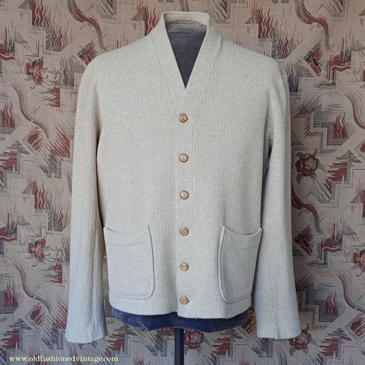Vintage Mens 1940s 1950s Catalina Jersey Knit Cardigan Jacket Beige Knitted Wool Sweater XL