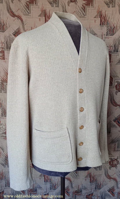 Vintage Mens 1940s 1950s Catalina Jersey Knit Cardigan Jacket Beige Knitted Wool Sweater XL