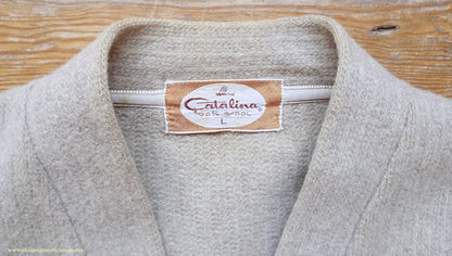 Vintage Mens 1940s 1950s Catalina Jersey Knit Cardigan Jacket Beige Knitted Wool Sweater XL
