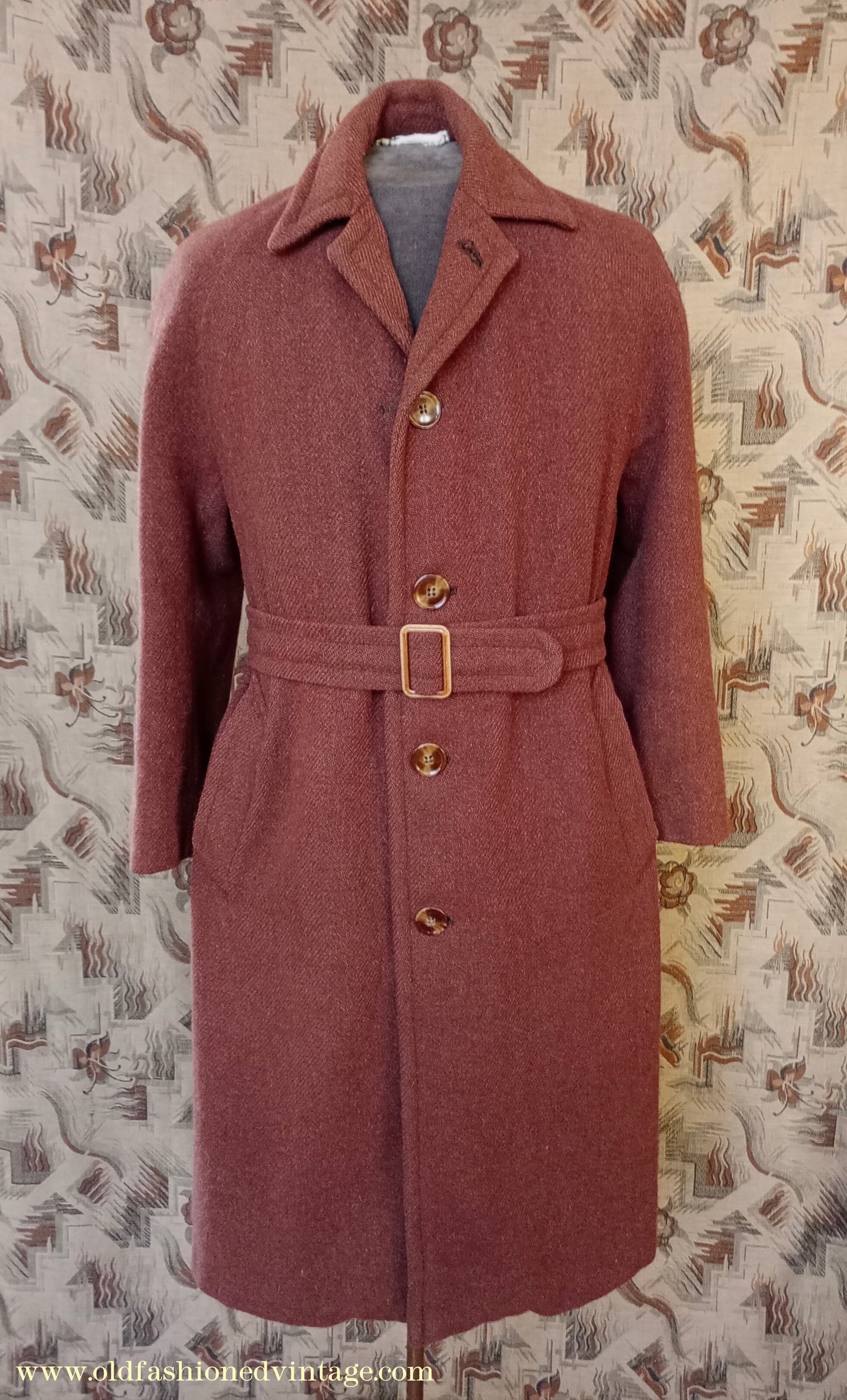 Vintage Mens 1940s Bespoke Harris Tweed Raglan Overcoat Balmacaan Coat Rust Brown S