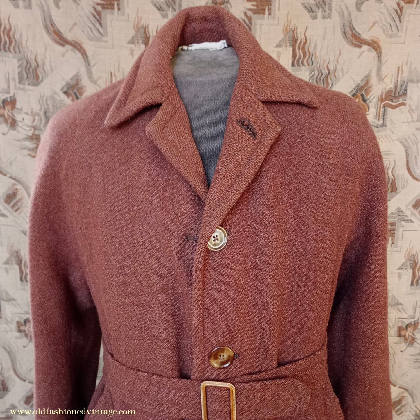 Vintage Mens 1940s Bespoke Harris Tweed Raglan Overcoat Balmacaan Coat Rust Brown S