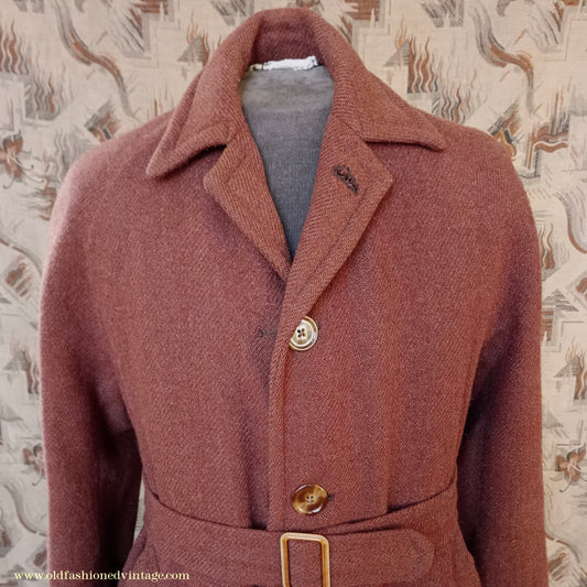Vintage Mens 1940s Bespoke Harris Tweed Raglan Overcoat Balmacaan Coat Rust Brown S
