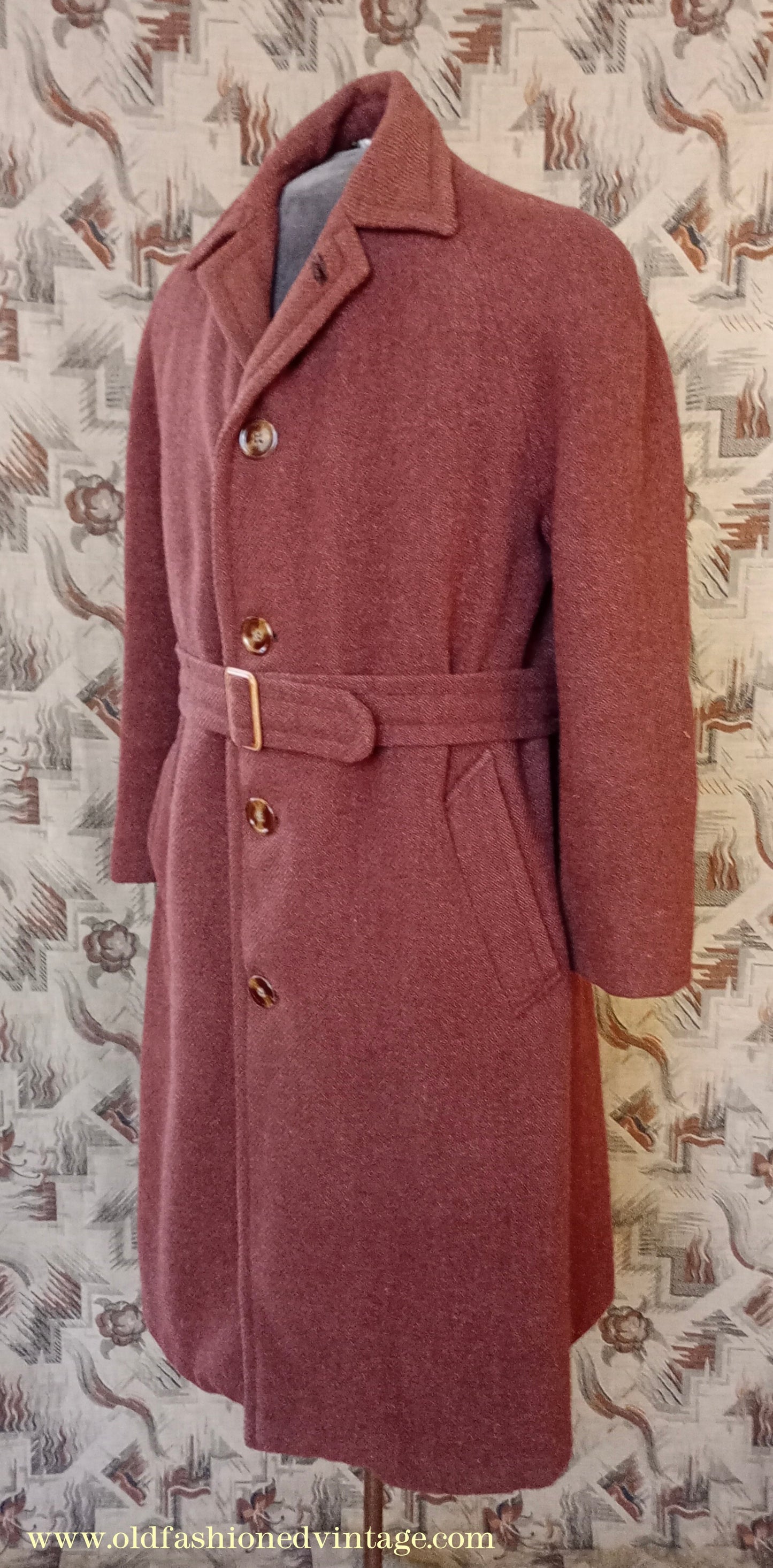 Vintage Mens 1940s Bespoke Harris Tweed Raglan Overcoat Balmacaan Coat Rust Brown S