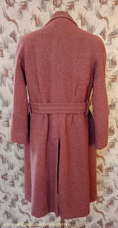 Vintage Mens 1940s Bespoke Harris Tweed Raglan Overcoat Balmacaan Coat Rust Brown S