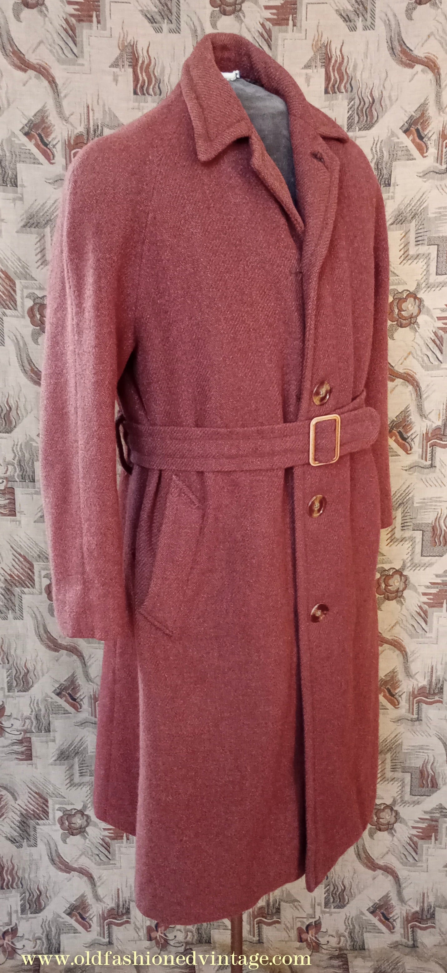 Vintage Mens 1940s Bespoke Harris Tweed Raglan Overcoat Balmacaan Coat Rust Brown S