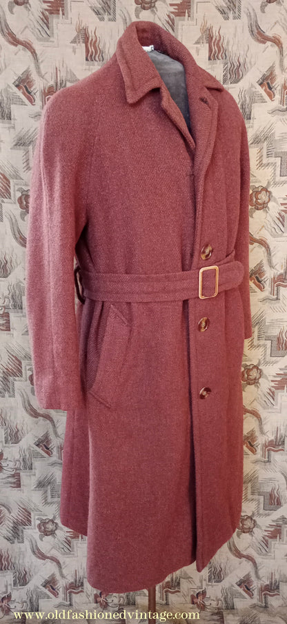 Vintage Mens 1940s Bespoke Harris Tweed Raglan Overcoat Balmacaan Coat Rust Brown S