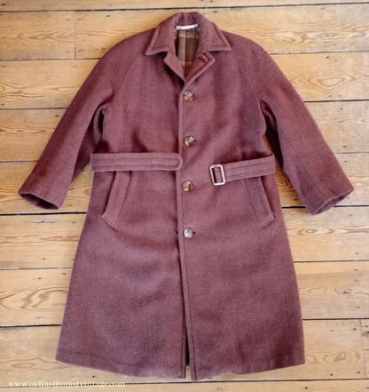 Vintage Mens 1940s Bespoke Harris Tweed Raglan Overcoat Balmacaan Coat Rust Brown S