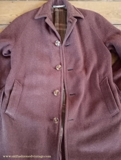 Vintage Mens 1940s Bespoke Harris Tweed Raglan Overcoat Balmacaan Coat Rust Brown S