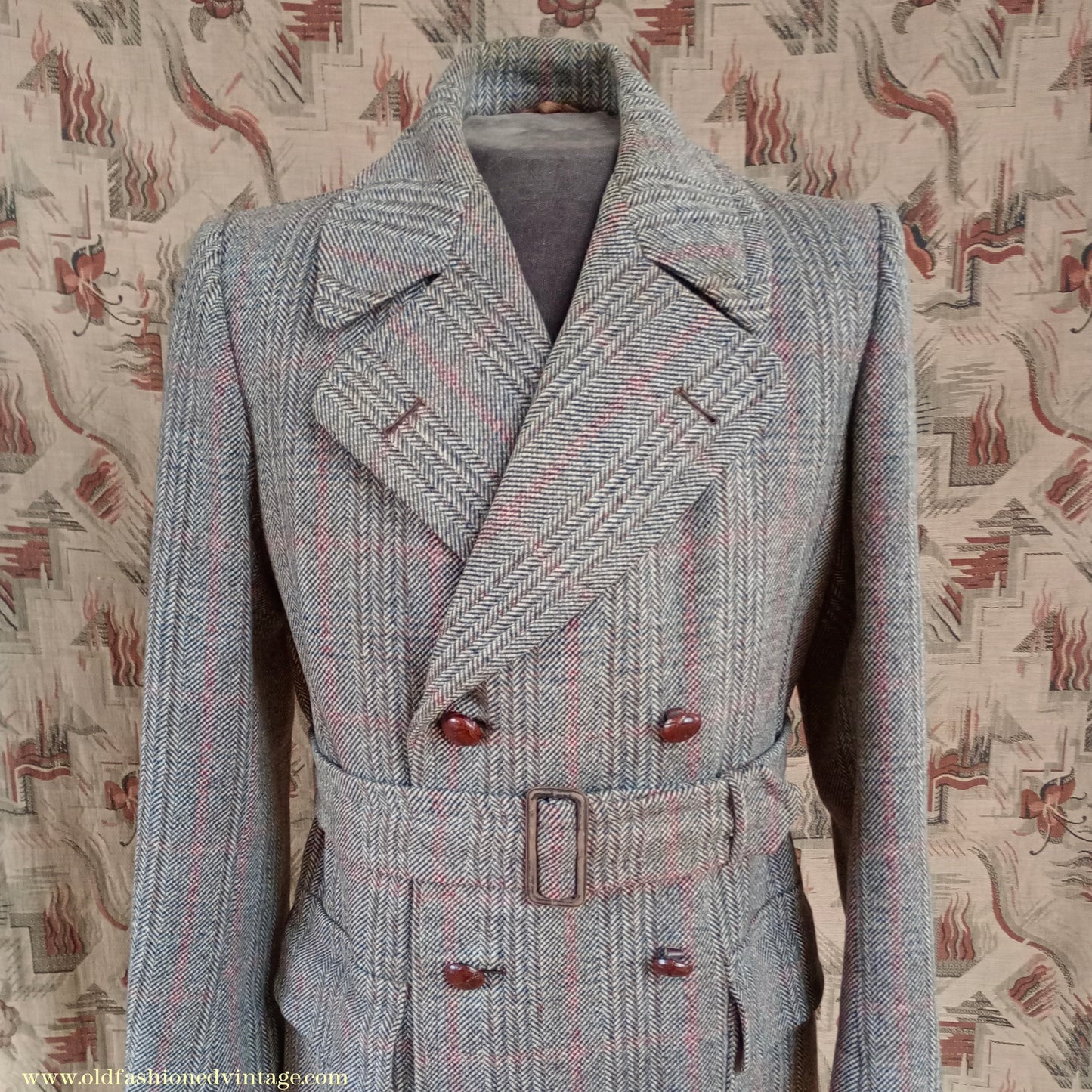 Vintage Mens 1940s CC41 Mens Double Breasted Overcoat Coat Brown Stone Glen Check Wool DB 36"/38"