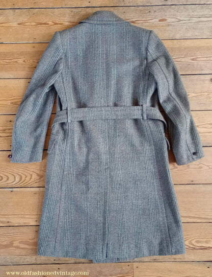 Vintage Mens 1940s CC41 Mens Double Breasted Overcoat Coat Brown Stone Glen Check Wool DB 36"/38"