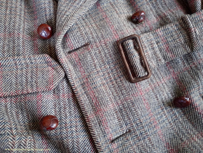 Vintage Mens 1940s CC41 Mens Double Breasted Overcoat Coat Brown Stone Glen Check Wool DB 36"/38"