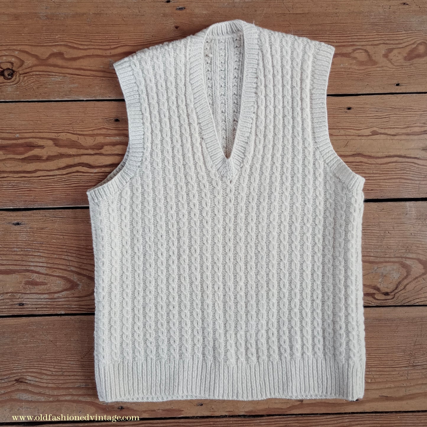 Vintage Mens 1950s Hand Knitted Cream Cable Stitch Slipover Sweater Vest Tank Top UK S