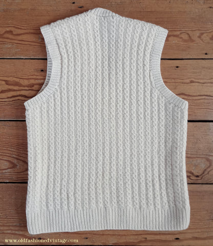 Vintage Mens 1950s Hand Knitted Cream Cable Stitch Slipover Sweater Vest Tank Top UK S