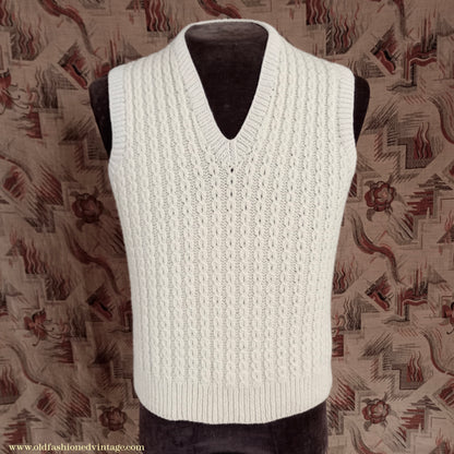 Vintage Mens 1950s Hand Knitted Cream Cable Stitch Slipover Sweater Vest Tank Top UK S