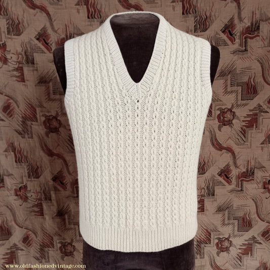 Vintage Mens 1950s Hand Knitted Cream Cable Stitch Slipover Sweater Vest Tank Top UK S