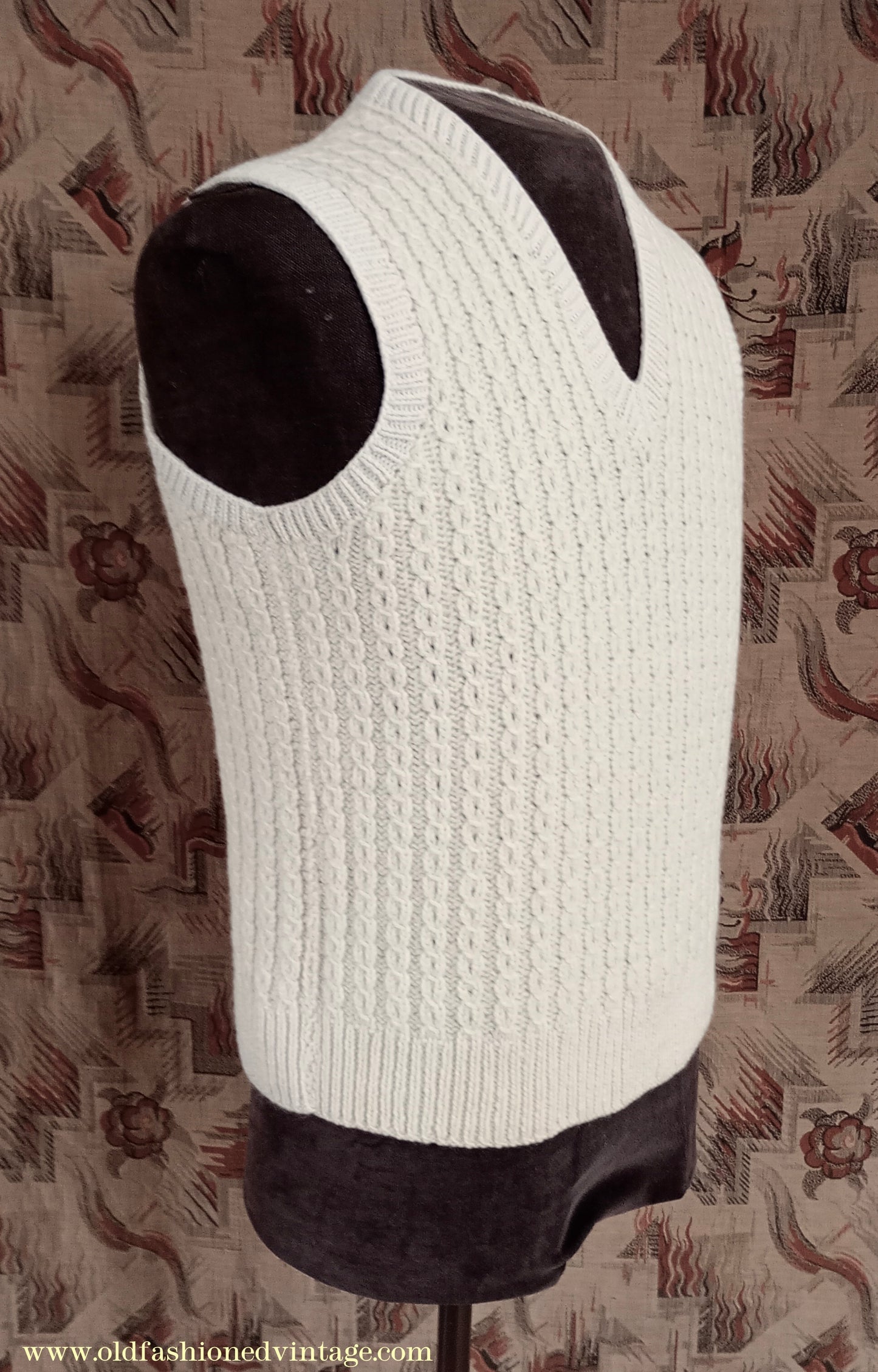 Vintage Mens 1950s Hand Knitted Cream Cable Stitch Slipover Sweater Vest Tank Top UK S