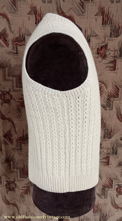 Vintage Mens 1950s Hand Knitted Cream Cable Stitch Slipover Sweater Vest Tank Top UK S
