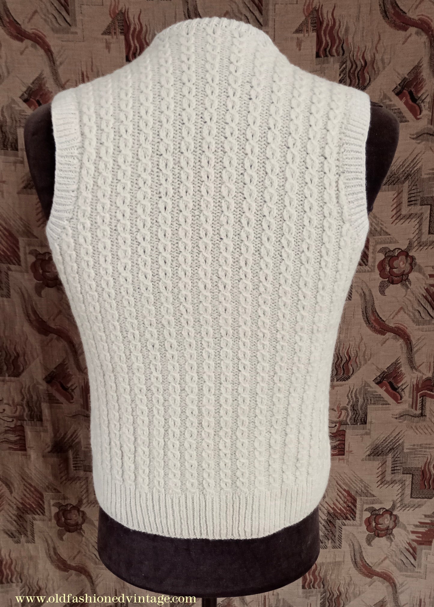 Vintage Mens 1950s Hand Knitted Cream Cable Stitch Slipover Sweater Vest Tank Top UK S