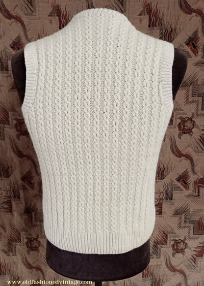 Vintage Mens 1950s Hand Knitted Cream Cable Stitch Slipover Sweater Vest Tank Top UK S