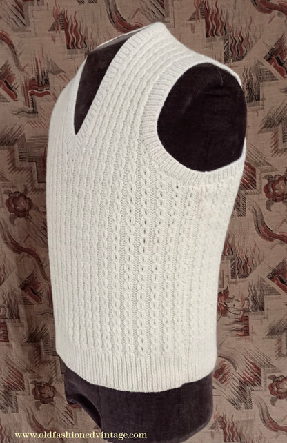 Vintage Mens 1950s Hand Knitted Cream Cable Stitch Slipover Sweater Vest Tank Top UK S