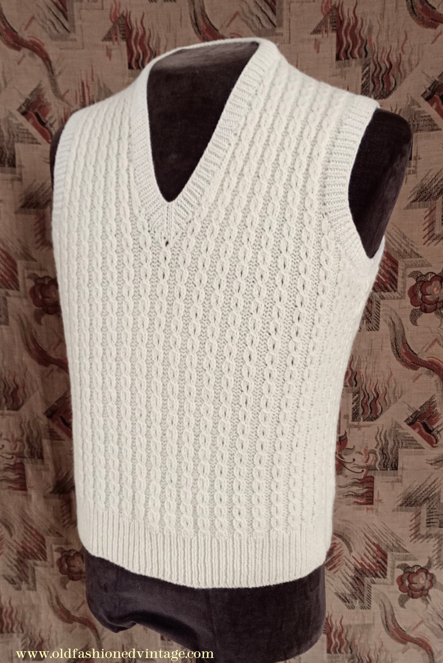 Vintage Mens 1950s Hand Knitted Cream Cable Stitch Slipover Sweater Vest Tank Top UK S