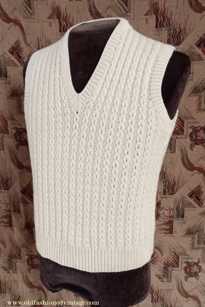 Vintage Mens 1950s Hand Knitted Cream Cable Stitch Slipover Sweater Vest Tank Top UK S