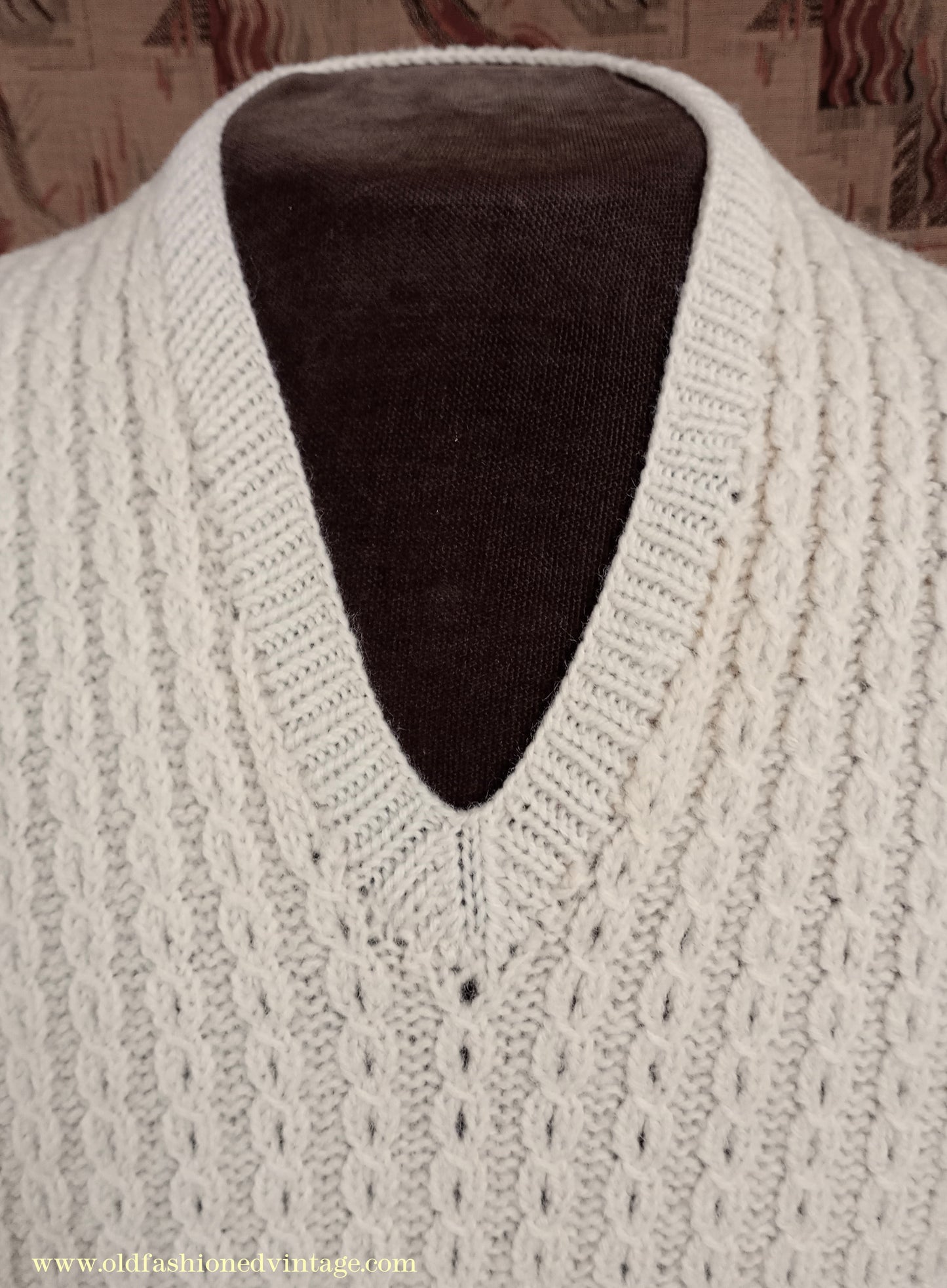 Vintage Mens 1950s Hand Knitted Cream Cable Stitch Slipover Sweater Vest Tank Top UK S