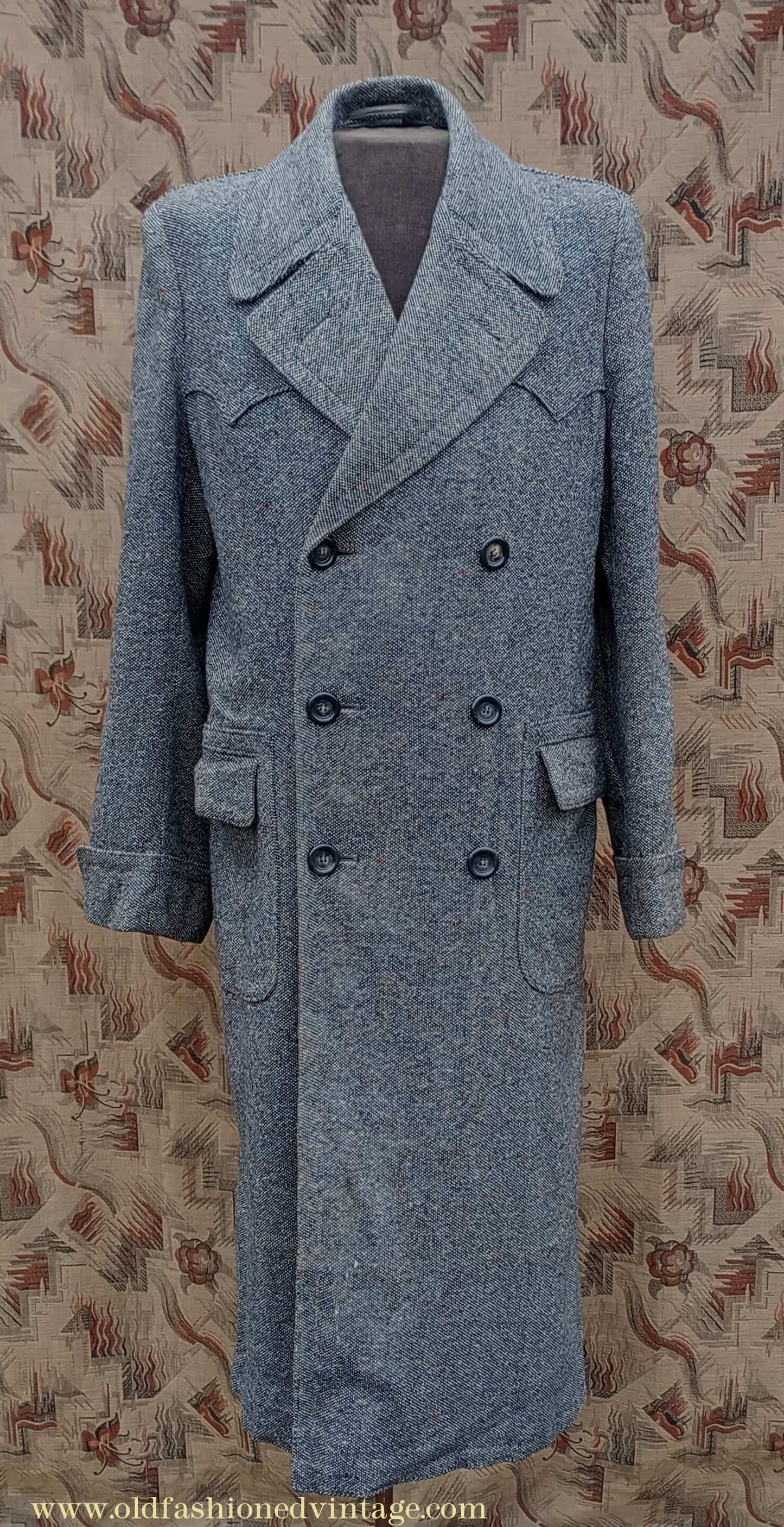 Vintage Mens 1940s Double Breasted Overcoat Coat Black White Grey Donegal Tweed Wool 38" Extra Long