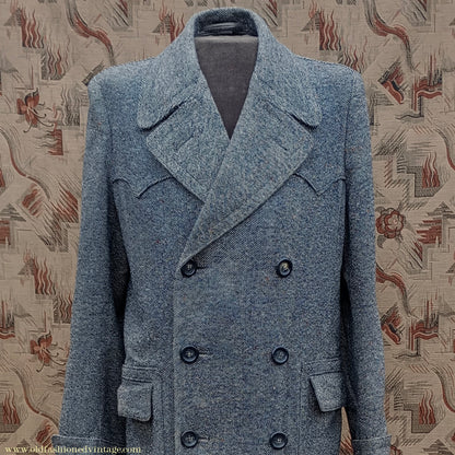 Vintage Mens 1940s Double Breasted Overcoat Coat Black White Grey Donegal Tweed Wool 38" Extra Long