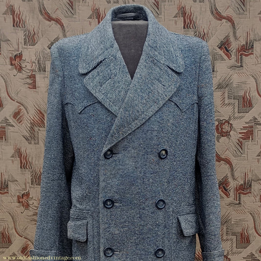 Vintage Mens 1940s Double Breasted Overcoat Coat Black White Grey Donegal Tweed Wool 38" Extra Long