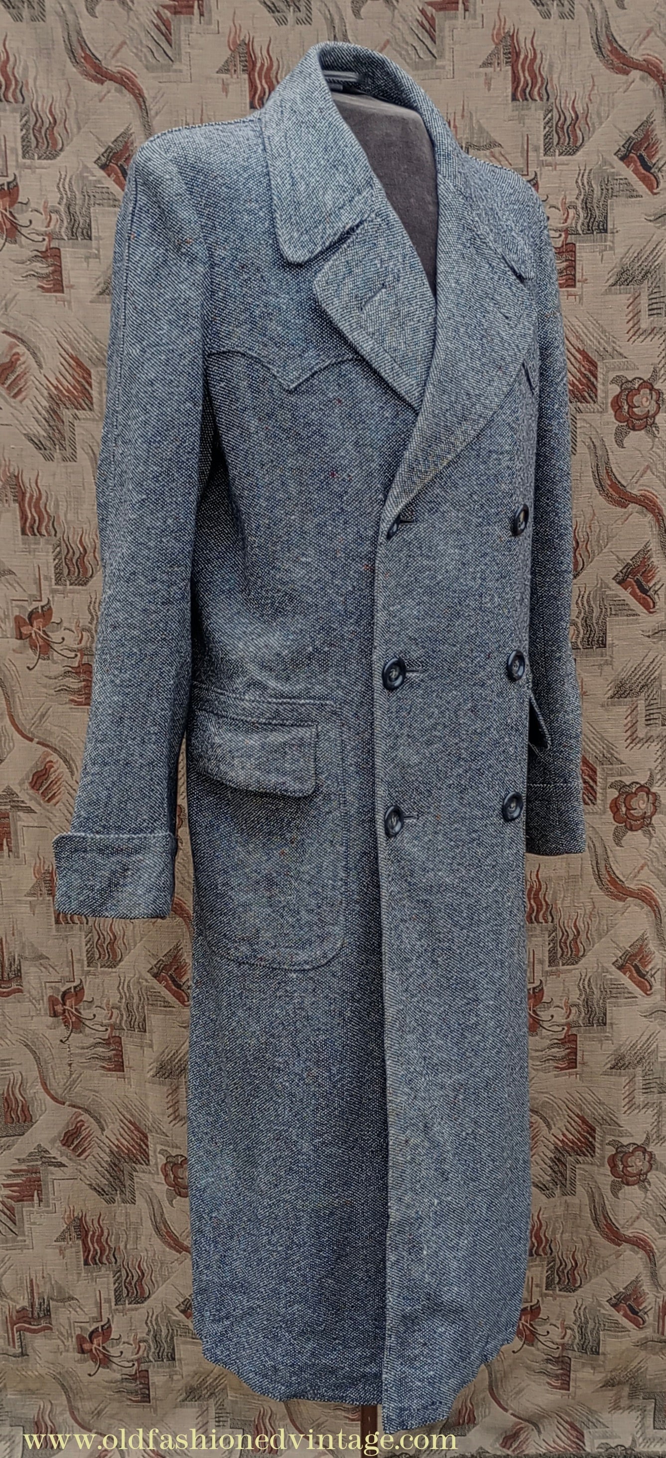 Vintage Mens 1940s Double Breasted Overcoat Coat Black White Grey Donegal Tweed Wool 38" Extra Long