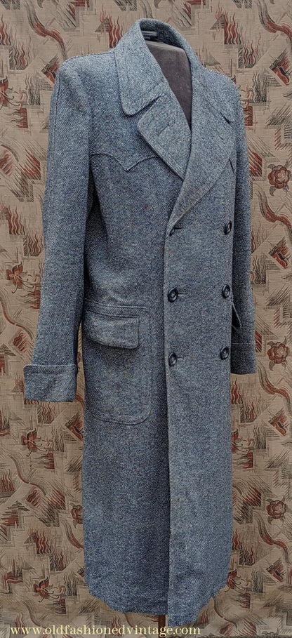 Vintage Mens 1940s Double Breasted Overcoat Coat Black White Grey Donegal Tweed Wool 38" Extra Long