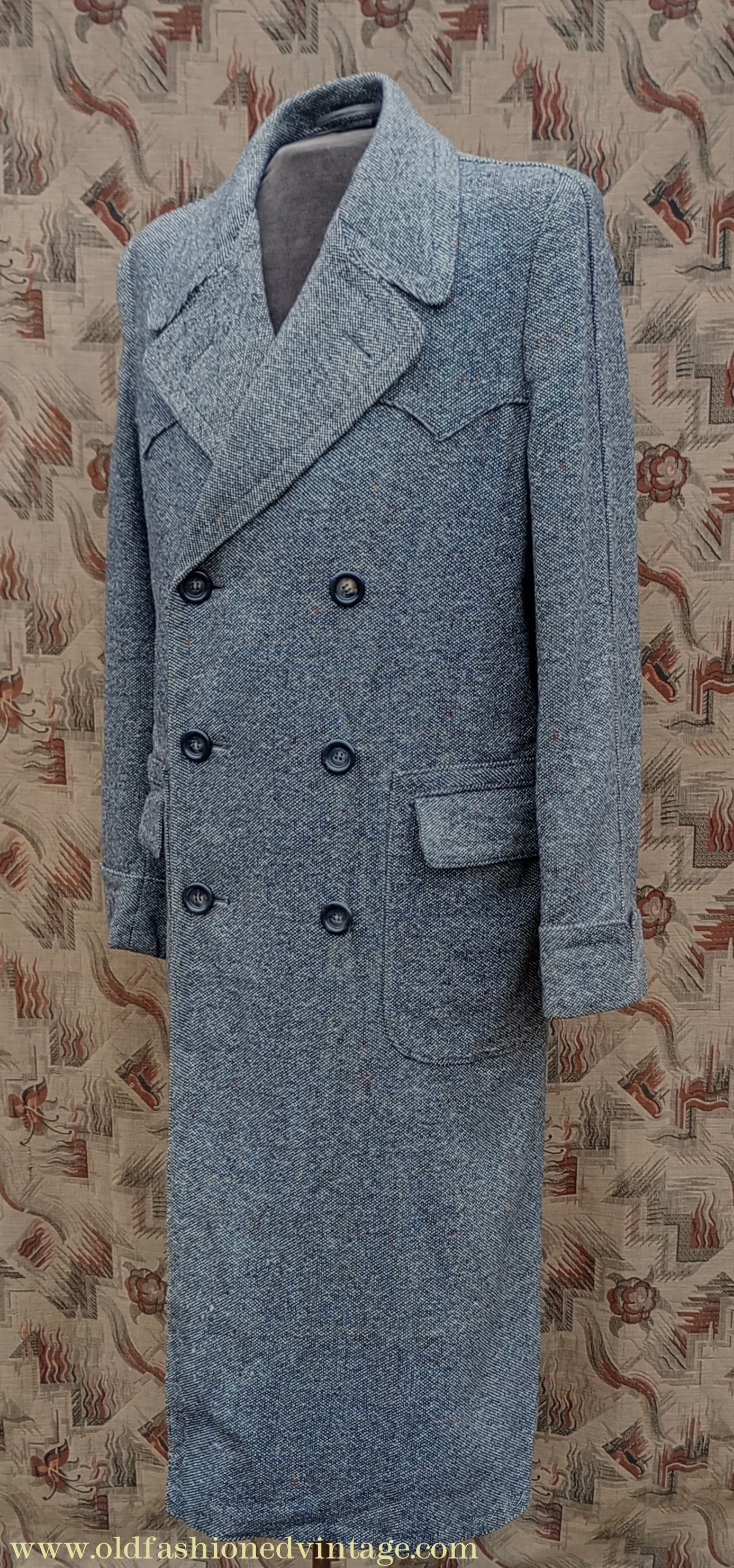 Vintage Mens 1940s Double Breasted Overcoat Coat Black White Grey Donegal Tweed Wool 38" Extra Long