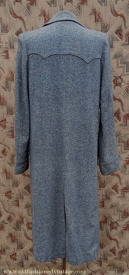 Vintage Mens 1940s Double Breasted Overcoat Coat Black White Grey Donegal Tweed Wool 38" Extra Long
