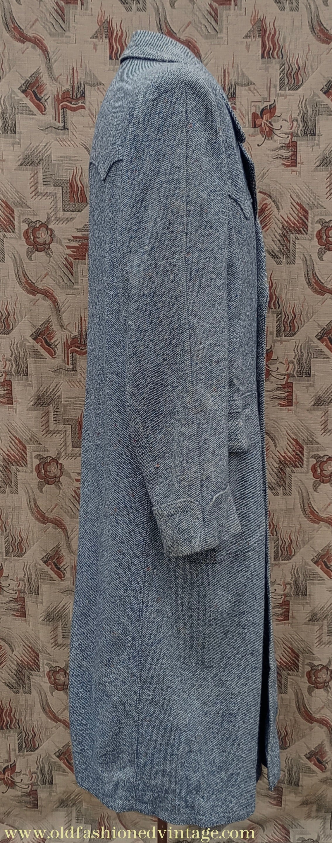 Vintage Mens 1940s Double Breasted Overcoat Coat Black White Grey Donegal Tweed Wool 38" Extra Long
