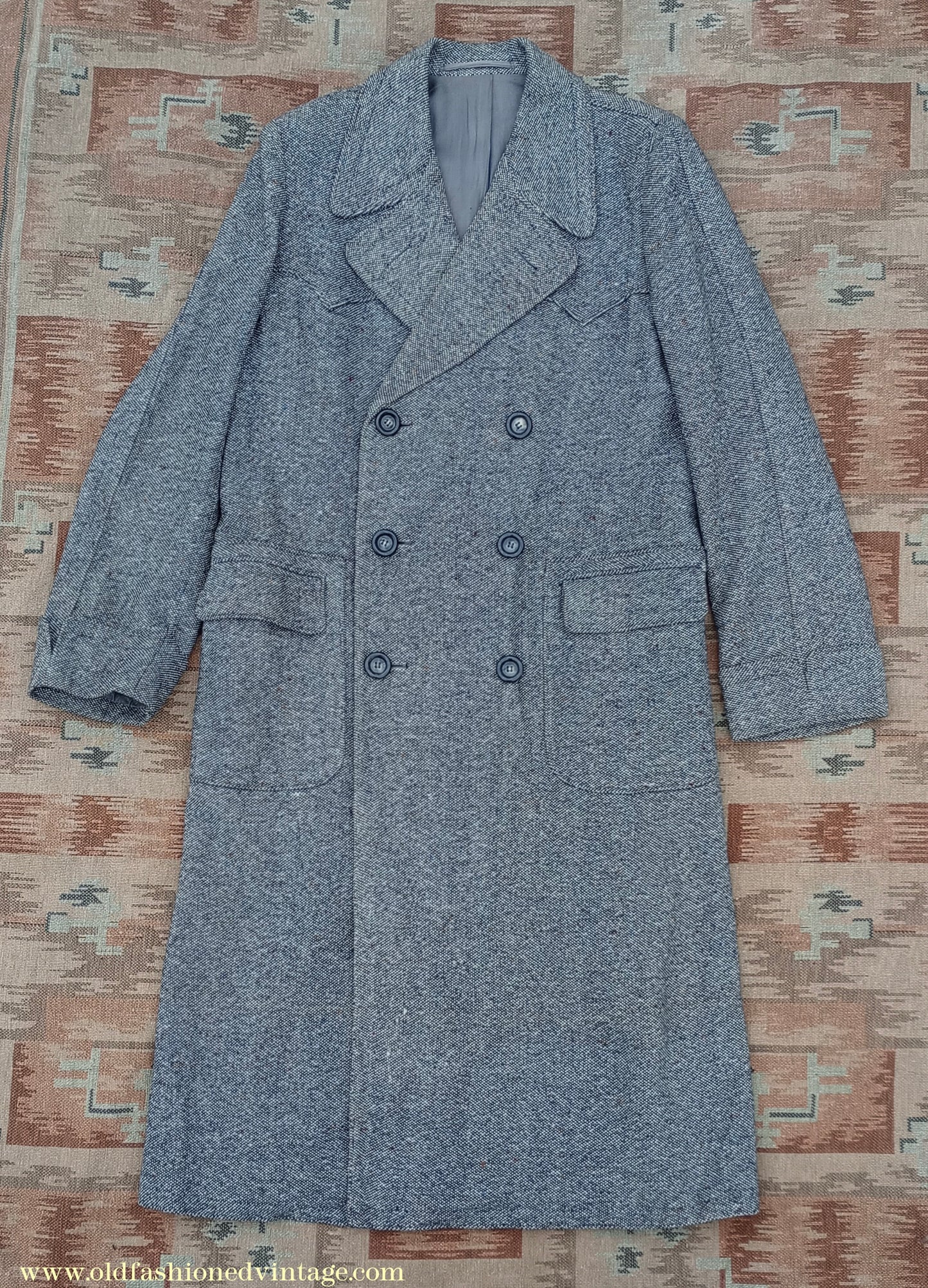 Vintage Mens 1940s Double Breasted Overcoat Coat Black White Grey Donegal Tweed Wool 38" Extra Long