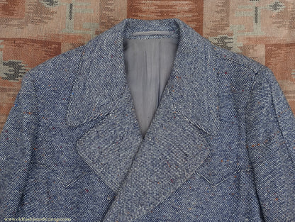 Vintage Mens 1940s Double Breasted Overcoat Coat Black White Grey Donegal Tweed Wool 38" Extra Long