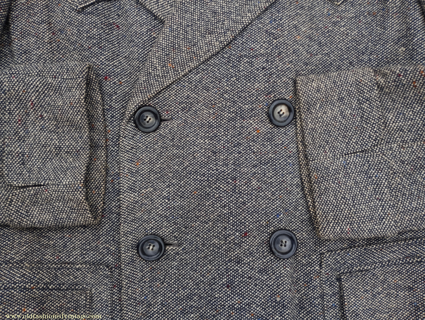 Vintage Mens 1940s Double Breasted Overcoat Coat Black White Grey Donegal Tweed Wool 38" Extra Long