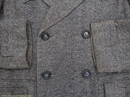 Vintage Mens 1940s Double Breasted Overcoat Coat Black White Grey Donegal Tweed Wool 38" Extra Long