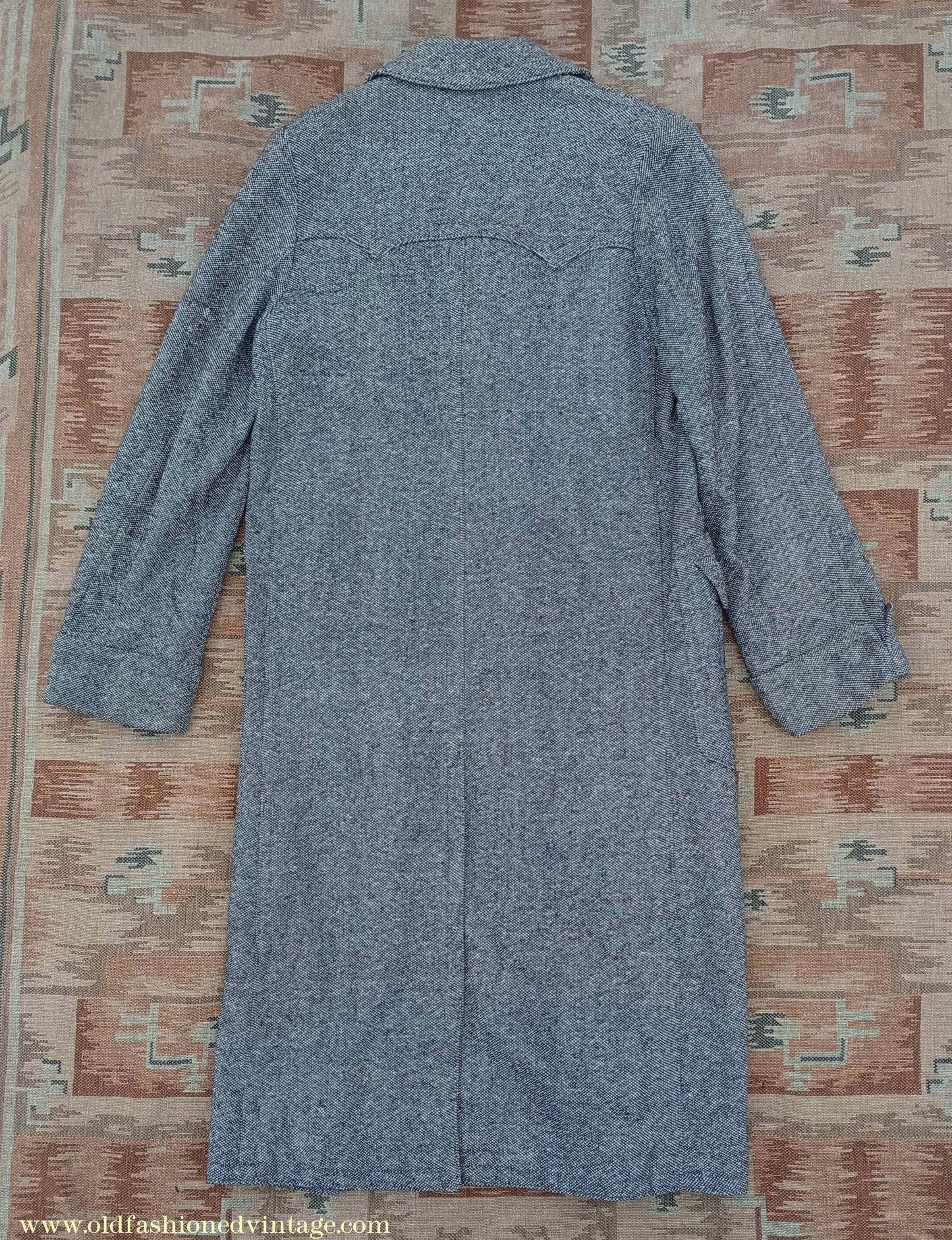 Vintage Mens 1940s Double Breasted Overcoat Coat Black White Grey Donegal Tweed Wool 38" Extra Long